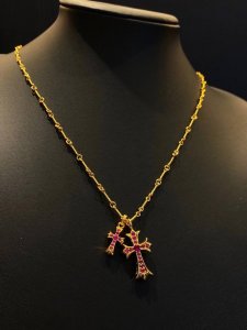 Chrome Hearts 22K镀金红钻双十字架项链，22K镀金红钻双十字架项链