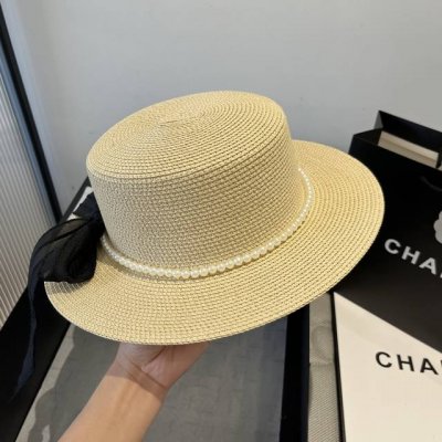 chanel香奈儿平顶礼帽 蝴蝶结遮阳草帽 头围57Cm
