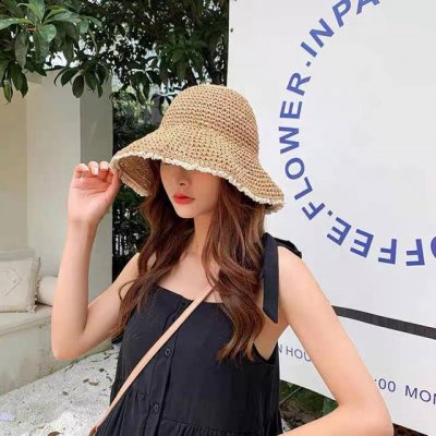 普拉达prada日系蕾丝草帽女小清新沙滩遮阳盆帽韩版潮可折叠 防晒钩针渔夫帽夏