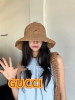 Gucci古奇彩色编织大帽檐草帽女2025年春夏新款大头围显脸小海边遮阳渔夫帽子