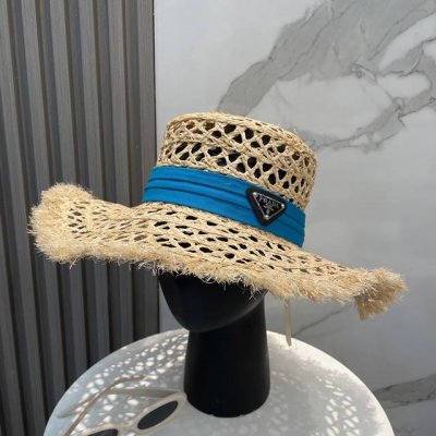 普拉达Prada 新款大檐遮阳防晒草帽 炎炎夏日出街必备防晒单品， 海边约起也妥妥滴，透气棉四季可佩戴
