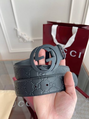 Gucci 经典全皮压花 专柜新版Logo横标 原版进口南非皮底 精品双G钢扣 高端品质 不惧对比 宽度 40Mm