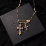 Chromehearts 克罗心25年新款 十字架紫钻金色别针锁骨链项链男女