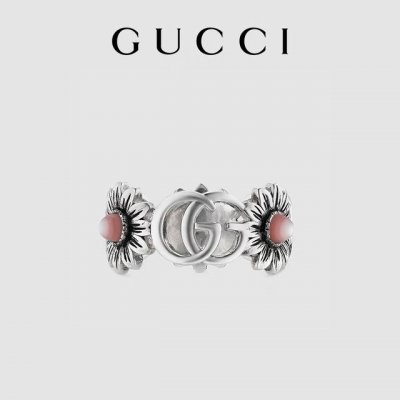 Gucci 纯银Gg复古做旧粉色小雏菊戒指 古驰戒指 高版本 S925纯银材质 原版Logo 码数 6-11