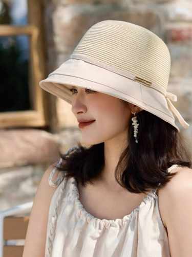 蒙口Moncler优雅蝴蝶结布草帽女夏季沙滩遮阳帽子大檐遮 脸防晒帽度假渔夫帽子