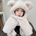 普拉达秋冬新款女冬季百搭保暖毛绒帽手套连帽围脖围巾一体三件套潮