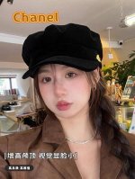 Chanel西本韩版ins丝绒贝雷帽女秋冬法式复古平顶海军帽英伦黑色画家帽