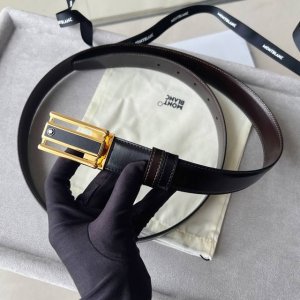 万宝龙黑色 棕色双面皮带 30毫米 矩形镂空3环图案黑色皮革和精钢饰面带扣 可调节长度