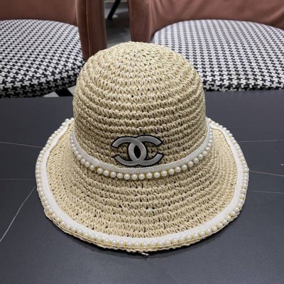 香奈儿Chanel拉菲草编织草帽女珍珠夏季遮阳防晒沙 滩品脸小太阳涼帽