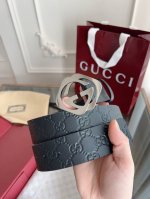 Gucci 经典全皮压花 专柜新版Logo横标 原版进口南非皮底 精品双G钢扣 高端品质 不惧对比 亮白五金 宽度 40Mm