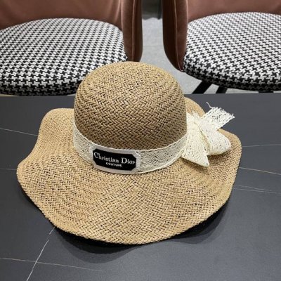 迪奥Dior边出游度假夏天遮阳防晒大檐草帽蝴蝶结太阳帽手 编帽子