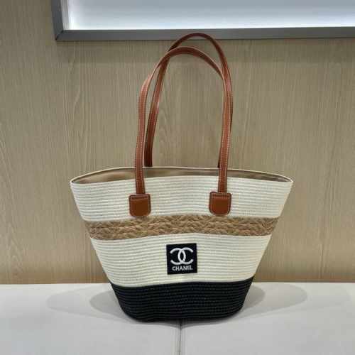 Chanel新款春夏条纹单肩草编包百搭大容量海边沙滩度假手提编制包托特包外出游度尺寸:上宽40Cm 下宽23Cm高度30Cm