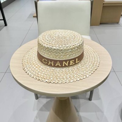 Chanel香奈儿跨境新款菠萝花麦秆草帽黑边草帽夏季凹造型防晒帽子女士平顶帽潮