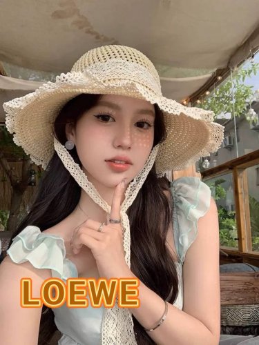罗意威2025新款草帽蕾丝系带镂空草编女夏天出游防晒帽子沙滩太阳遮阳帽