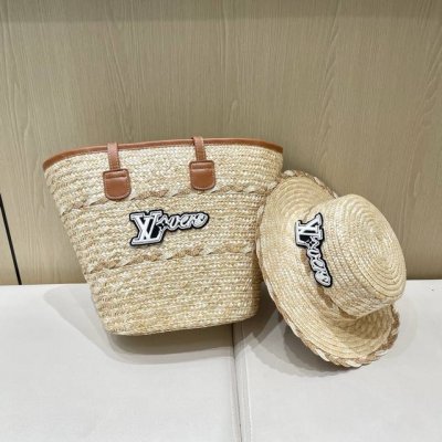 路易威登Lvlouisvuitton两件套麦秆草编帽子海边沙滩包新款大容量编织托特包拍照高级感单肩包手提包