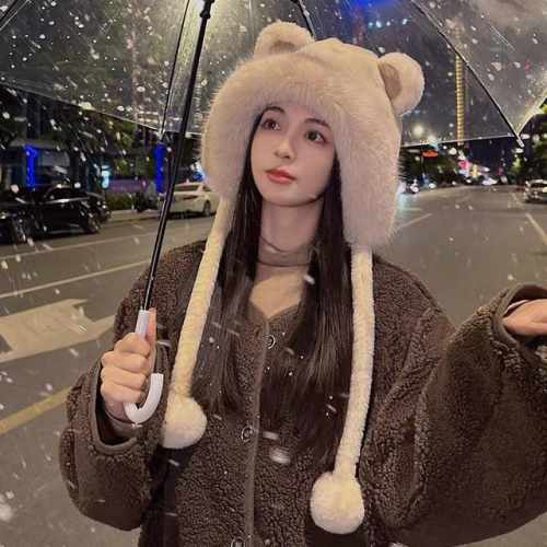 香奈儿Chanel 毛茸毛球帽子女冬季可爱毛绒兔耳帽大头围，时尚休闲设计