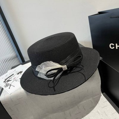 chanel香奈儿平顶礼帽 草帽 麻纱配饰 高端订制 头围57Cm