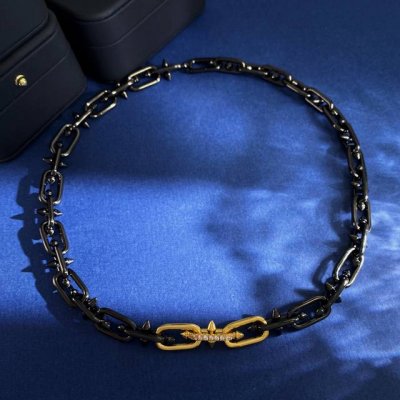 项链Df80 Tiffany蒂芙尼Tfn欧美时尚个性黑色链条铆钉拼接金色镶钻链条项链黄铜材料 重约83G 项链约长50Cm