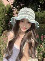 路易威登Lv夹色荷叶边针织盆帽显脸夏季编织镂空渔夫帽针织 百搭遮阳子女盆帽