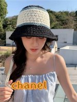 Chanel香奈儿遮阳草帽子女夏季草编镂空透气盆帽素颜百搭显脸小撞色水桶渔夫帽