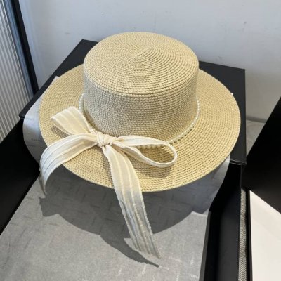 Chanel香奈儿平顶礼帽，蝴蝶结遮阳草帽，头围57Cm