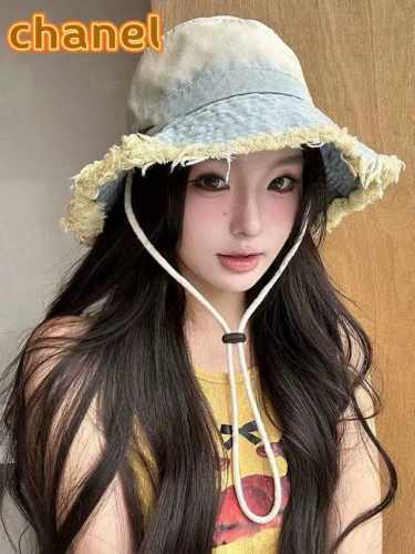 p80 Chanel香奈儿渐变毛边牛仔渔夫帽女日系夏季户外防紫外线遮阳帽大帽檐防晒盆帽