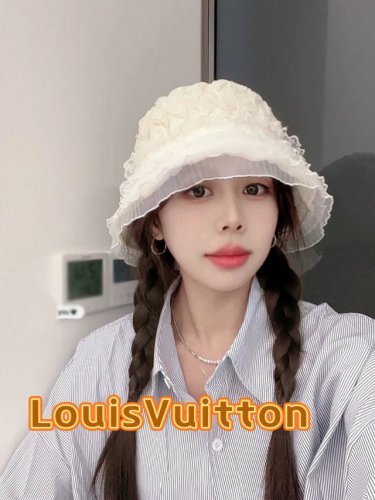 路易威登Lv棒球帽 Louisvuitton2025年新款蕾丝花边褶皱大檐渔夫帽遮阳 防晒薄款网纱盆帽