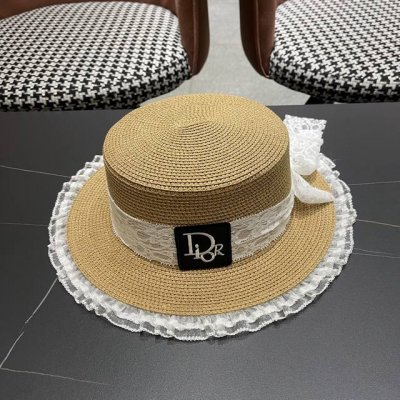 迪奥Dior长蝴蝶结蕾丝草帽海边女款度假防晒帽戛季户 外遮阳田园风好看帽子