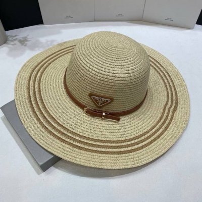 特价 配防尘袋 prada普拉达 2025新款草编大沿拼色沙滩帽草帽 度假休闲必备 优雅大方的一款