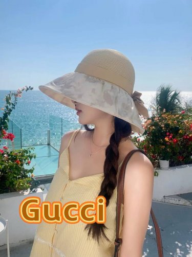gucci古奇女夏季布草混编圆顶渔夫帽子女海边度假出游沙滩太阳帽草帽潮