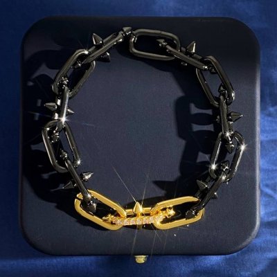 手链Df80 Tiffany蒂芙尼Tfn欧美时尚个性黑色链条铆钉拼接金色镶钻链条手链 黄铜材料 重约33.9G 手链约长21Cm