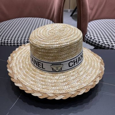 Chanel香奈儿新草帽子拼色女夏季海边沙滩度假遮阳帽 子平顶帽太阳帽礼帽