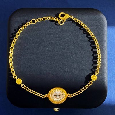 无标复古布契拉提风中古拉丝闪钻鸽子蛋形手链 黄铜材料电镀18K金 金色 手链总长19Cm 克重3.45G 吊坠约1.38Cm*1.15Cm*0.48Cm