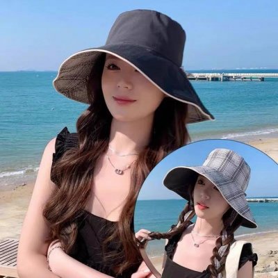 p80 Prada普拉达韩版系带遮阳帽子女户外夏季双面可戴大帽檐 太阳帽防晒遮脸渔夫帽