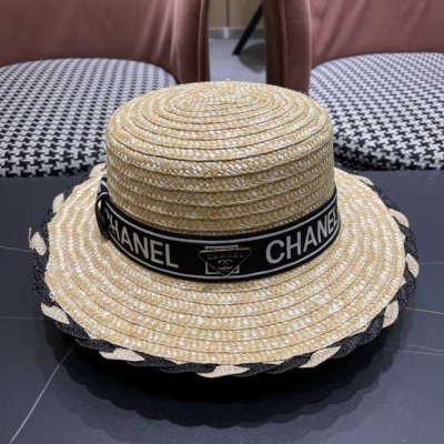Chanel香奈儿新草帽子拼色女夏季海边沙滩度假遮阳帽 子平顶帽太阳帽礼帽