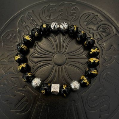 新款 专柜品质 Chrome Hearts克罗心 经典复古多元素黑曜石龙纹手链 手串，凹凸造型不同的花纹设计风格 呈现出与众不同 十字架 童军花是克罗心的志 所