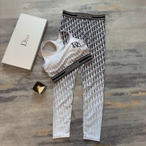 Dio*新款高弹力健身瑜伽服运动套装~渐变色老花字母印花拼色Logo织带露肚脐小背心+修身提臀显瘦瑜伽裤紧身打底裤！Sml