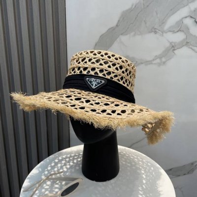 普拉达Prada 新款大檐遮阳防晒草帽 炎炎夏日出街必备防晒单品， 海边约起也妥妥滴，透气棉四季可佩戴