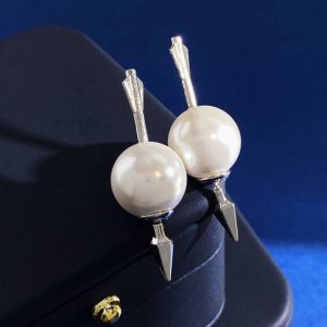迪奥Dior欧美时尚个性设计珍珠箭头造型耳钉耳环 黄铜材料 银色 重约5.65G 尺寸约4Cm*1.4Cm*1.4Cm