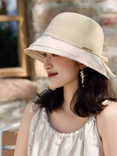 蒙口Moncler优雅蝴蝶结布草帽女夏季沙滩遮阳帽子大檐遮 脸防晒帽度假渔夫帽子