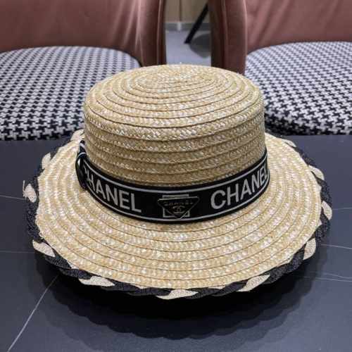Chanel香奈儿新草帽子拼色女夏季海边沙滩度假遮阳帽 子平顶帽太阳帽礼帽