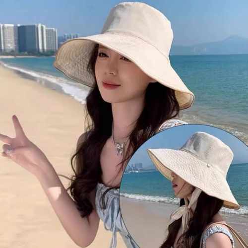 prada普拉达韩版系带遮阳帽子女户外夏季双面可戴大帽檐 太阳帽防晒遮脸渔夫帽