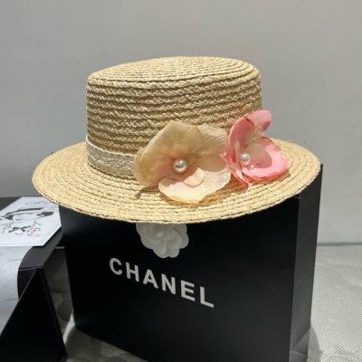 Chanel香奈儿拉菲草礼帽，花朵平顶礼帽，穿衣搭配旅游必备，头围57Cm