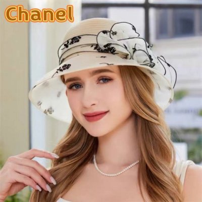 香奈儿Chanel欧美夏季女士网纱花朵盆帽时尚优雅防晒遮阳帽户外防紫外线太阳帽