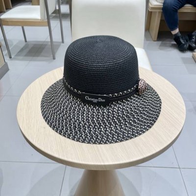 Dior迪奥赫本风草帽女拼色渔夫帽女士夏季防晒帽草编透气遮阳帽子夏天凉帽