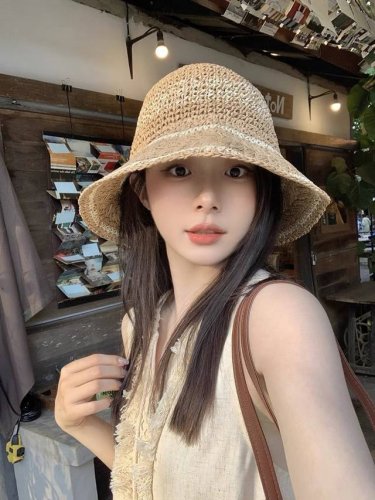 Lv路易威登韩版Ins粉色草编渔夫帽女春季海边度假 大帽檐甜美防晒草帽遞阳帽