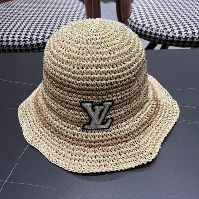 Lv路易威登夏季透气品脸小水桶帽手工彩线草编渔夫帽女大帽 檐防晒海边草帽子