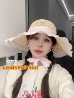 Lv路易威登2025新春蓝格飘带镂空编织草帽女大帽檐遮阳防晒法式海边度假帽子