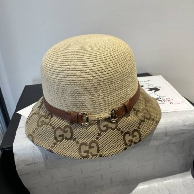 P Gucci古琦皮带款草帽，细草盆帽，方便携带，高端定制，头围57Cm 米 卡其两色