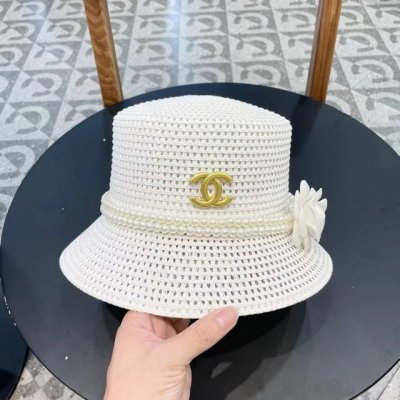Chanel香奈儿 新款山茶花珍珠链条编织平顶草帽 桶帽出街必备超好搭配 赶紧入手
